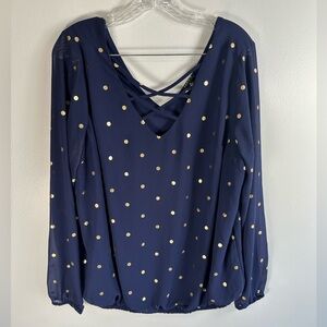 Torrid Navy Blouse with Gold Polka Dots Sheer Sleeves size 0X